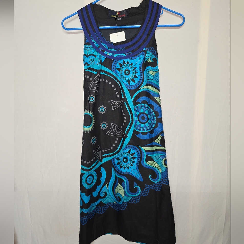 Sleeveless Blue & Black Printed Shift Dress